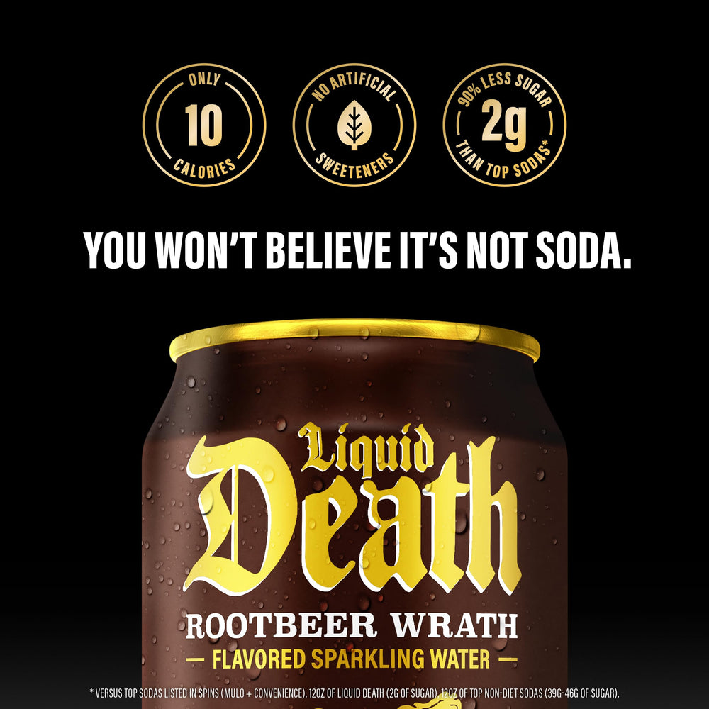Liquid Death Root Beer Wrath label close-up emphasizes bold branding and flavor promise.