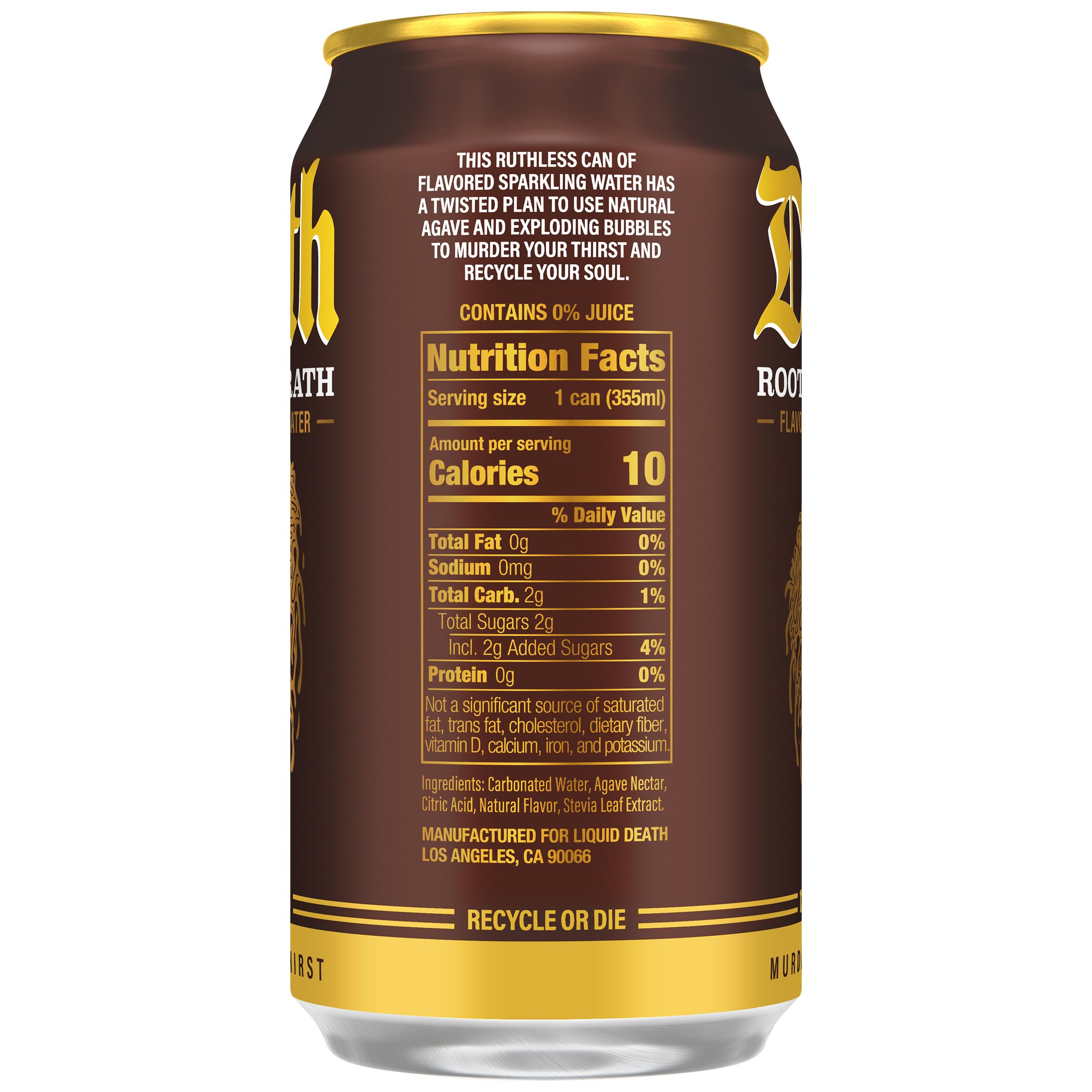 Liquid Death Root Beer Wrath side-view can highlights compact, recyclable packaging.