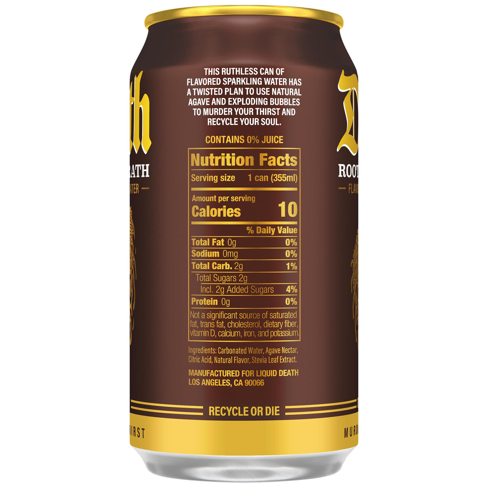 Liquid Death Root Beer Wrath side-view can highlights compact, recyclable packaging.