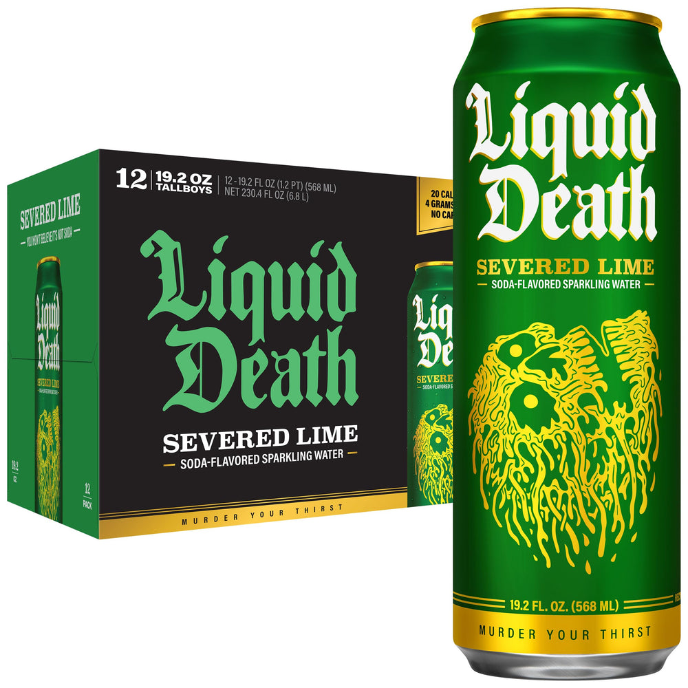 Liquid Death Severed Lime can close-up highlighting bold lime flavor for on-the-go hydration.