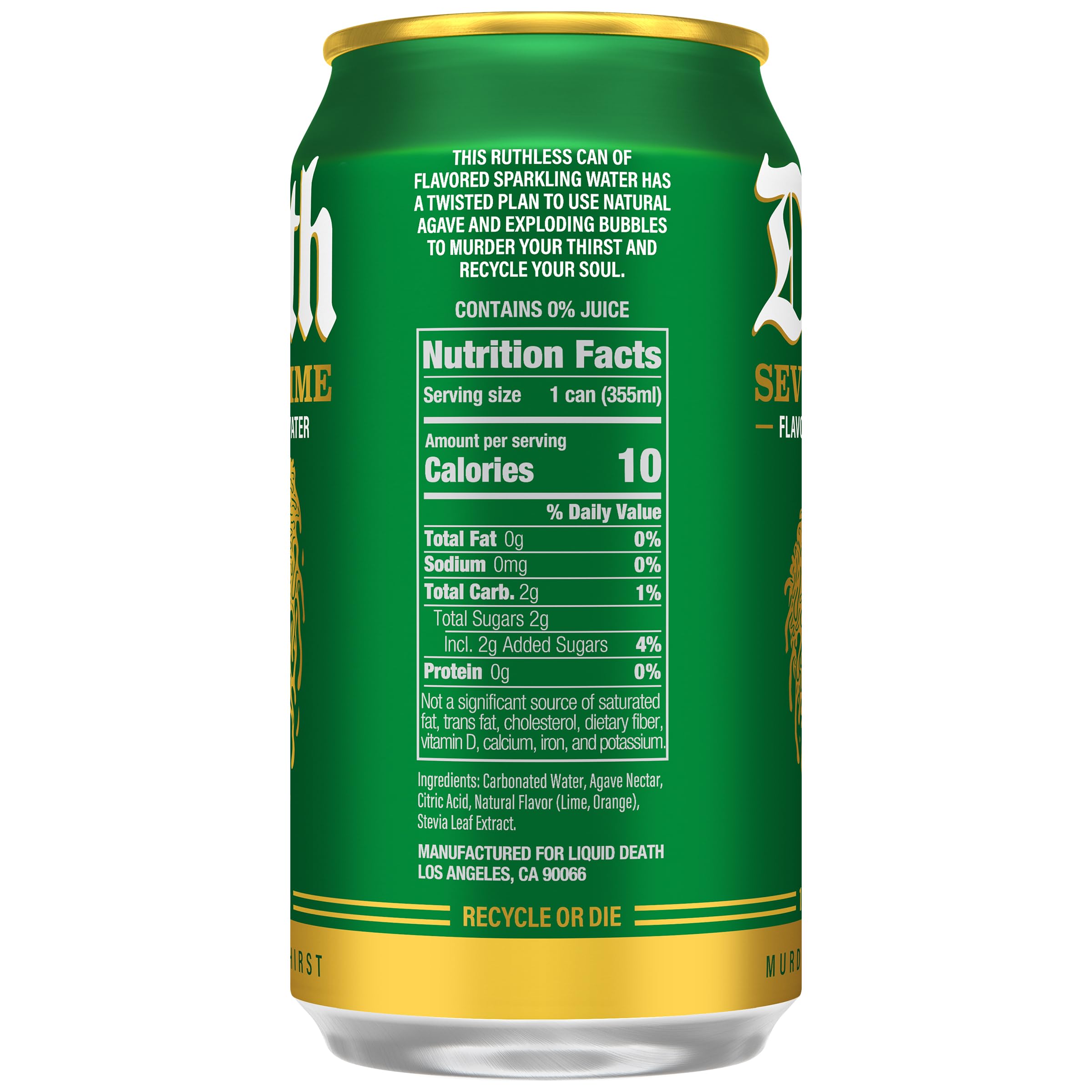 Liquid Death Severed Lime can side view emphasizes recyclable packaging.