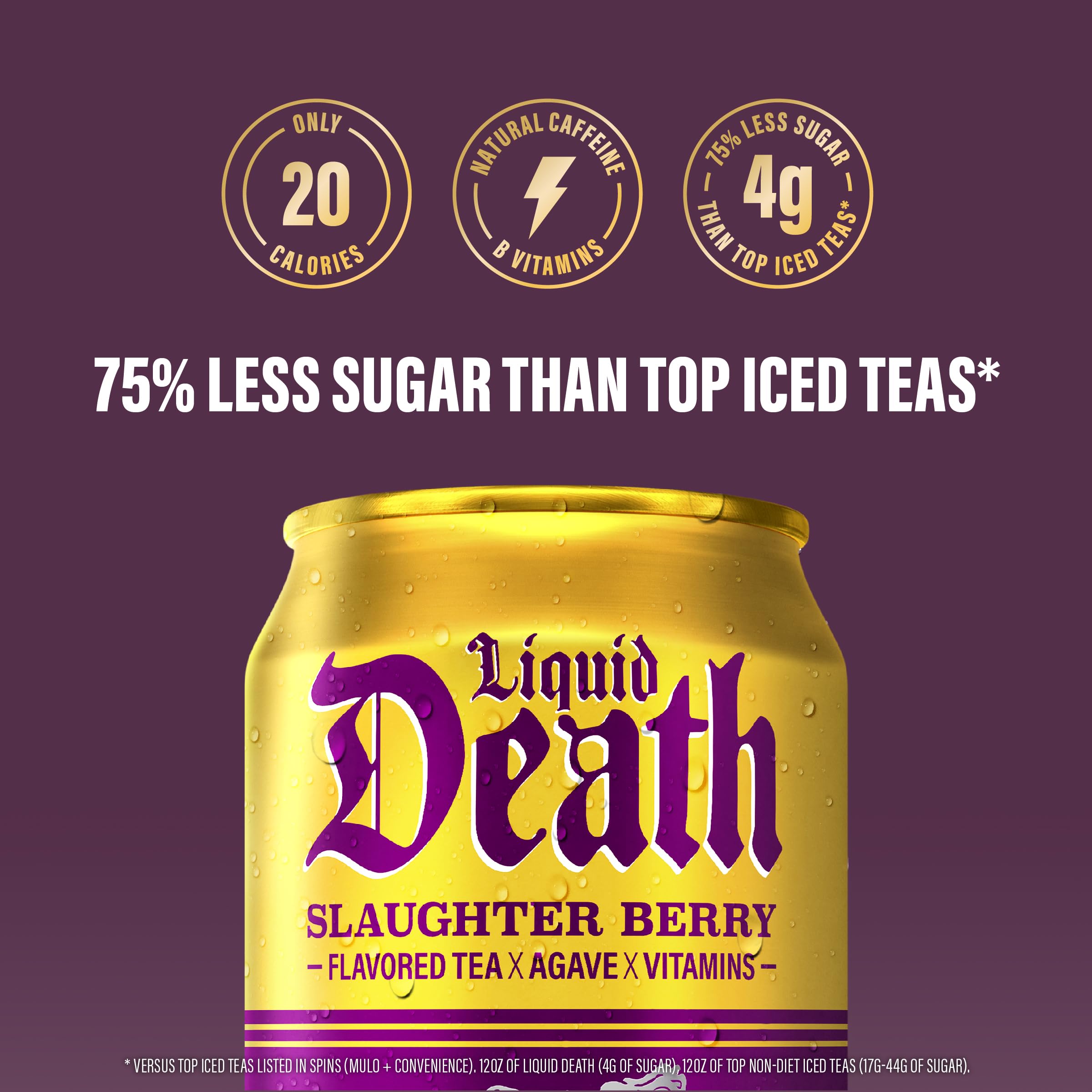 Liquid Death Slaughter Berry Iced Tea glass with ice highlights thirst-quenching chill.