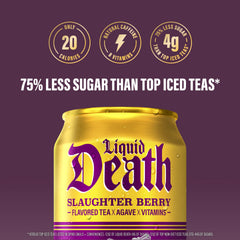 Liquid Death Slaughter Berry Iced Tea glass with ice highlights thirst-quenching chill.