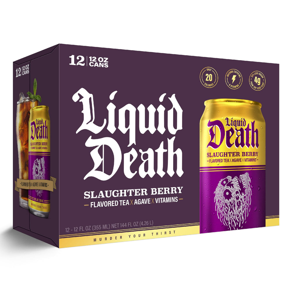 Liquid Death Slaughter Berry Iced Tea in cooler suggests grab-and-go refreshment.