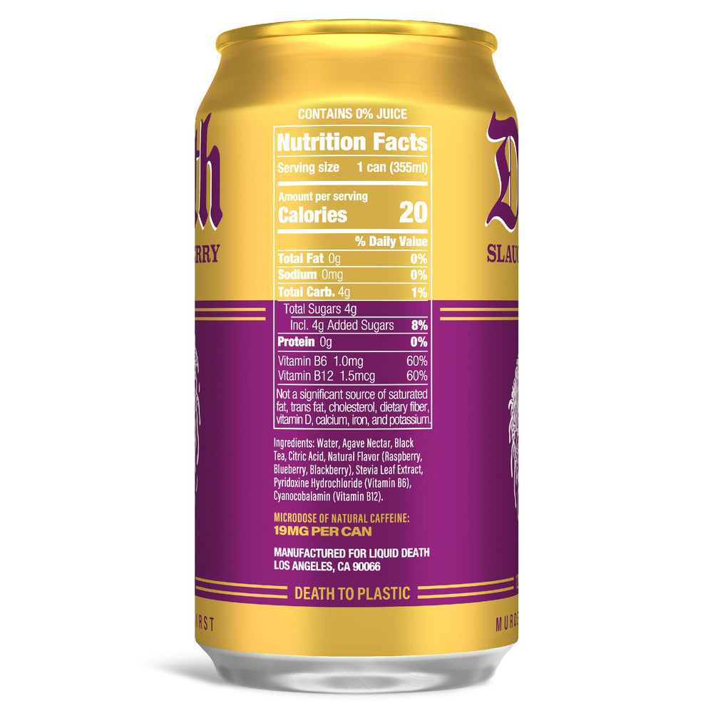 Liquid Death Slaughter Berry Iced Tea label closeup shows bold branding and no artificial sweeteners.