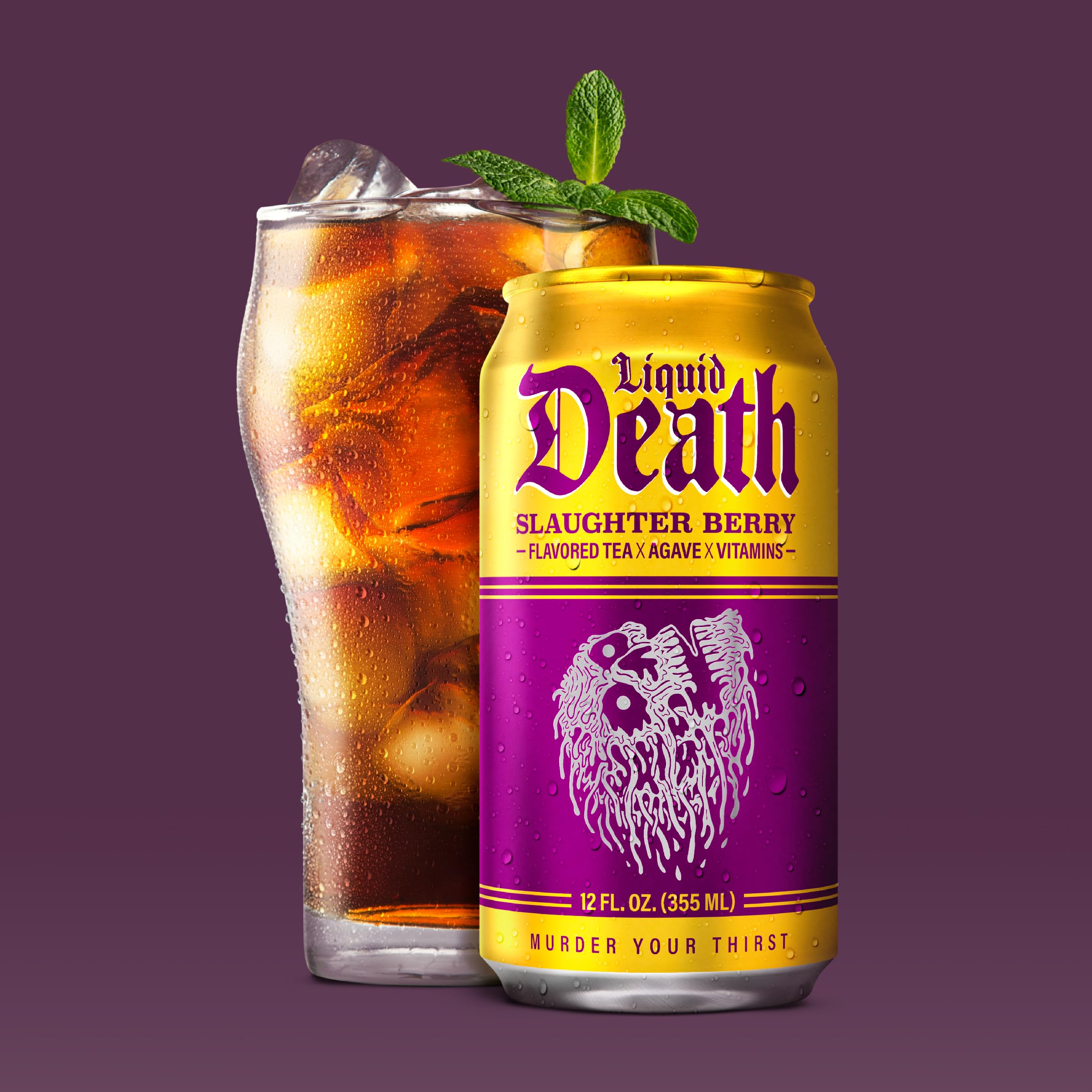 Liquid Death Slaughter Berry Iced Tea pack-shot presents 12 cans for refreshment on demand.