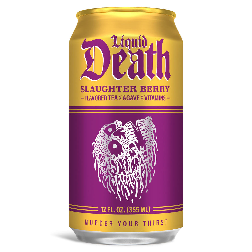 Liquid Death Slaughter Berry Iced Tea pour reveals vibrant color and inviting berry aroma.
