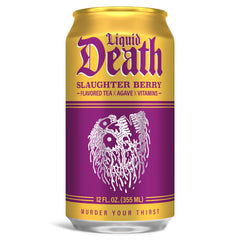 Liquid Death Slaughter Berry Iced Tea pour reveals vibrant color and inviting berry aroma.
