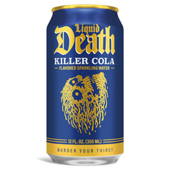 Liquid Death soda-flavored water pours into a glass for refreshing taste.