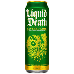 Liquid Death soda-flavored water in a cold glass highlights refreshing lime notes.