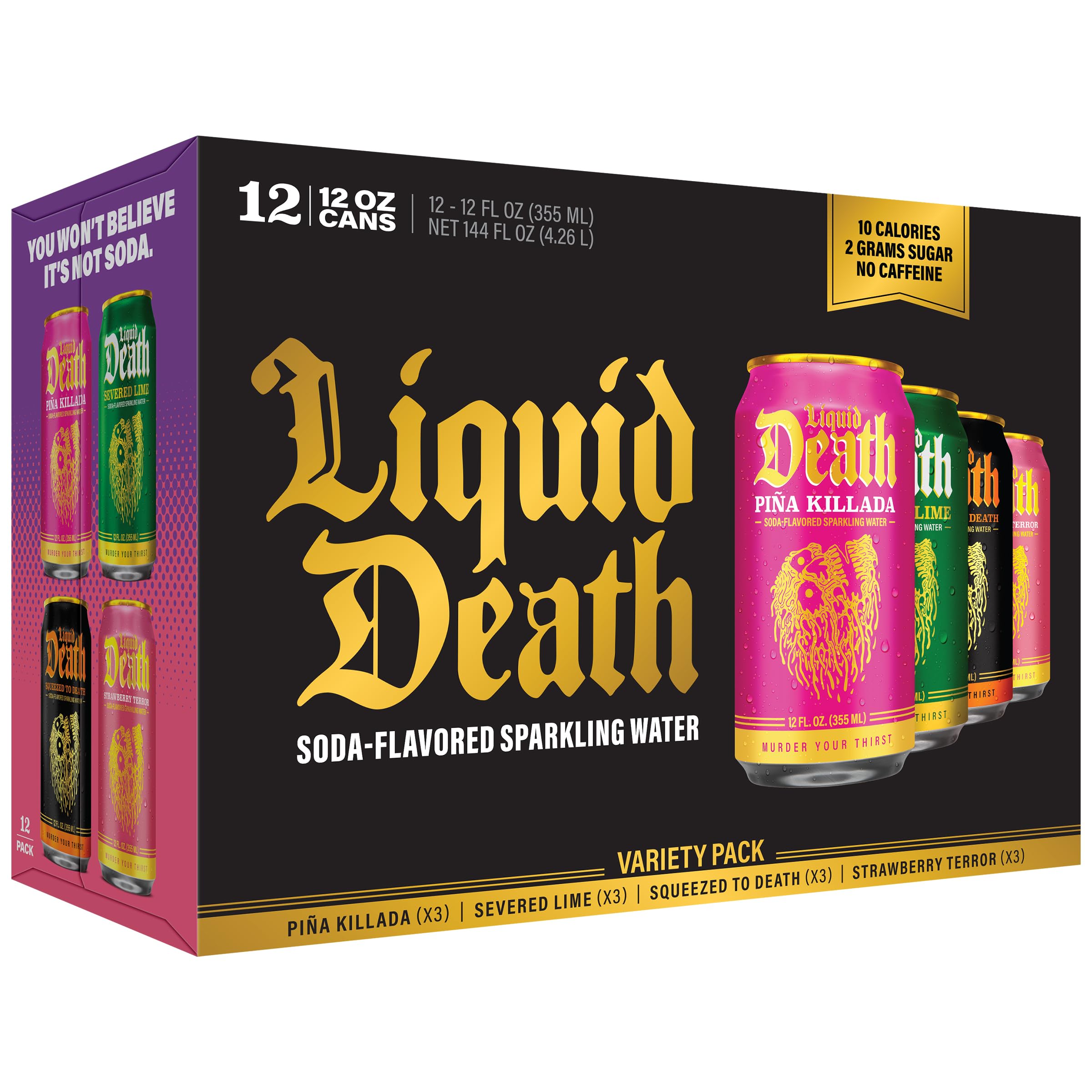 Liquid Death Lime can close-up, crisp flavor with 2g sugar and no caffeine.