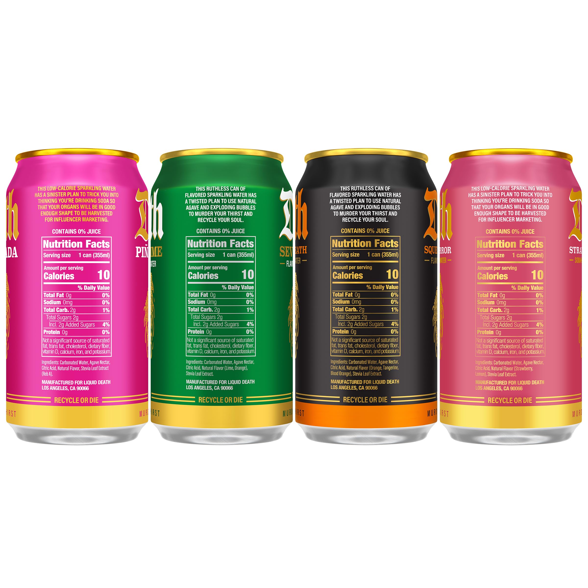 Liquid Death Strawberry can splash, vibrant berry notes with lemon hint.