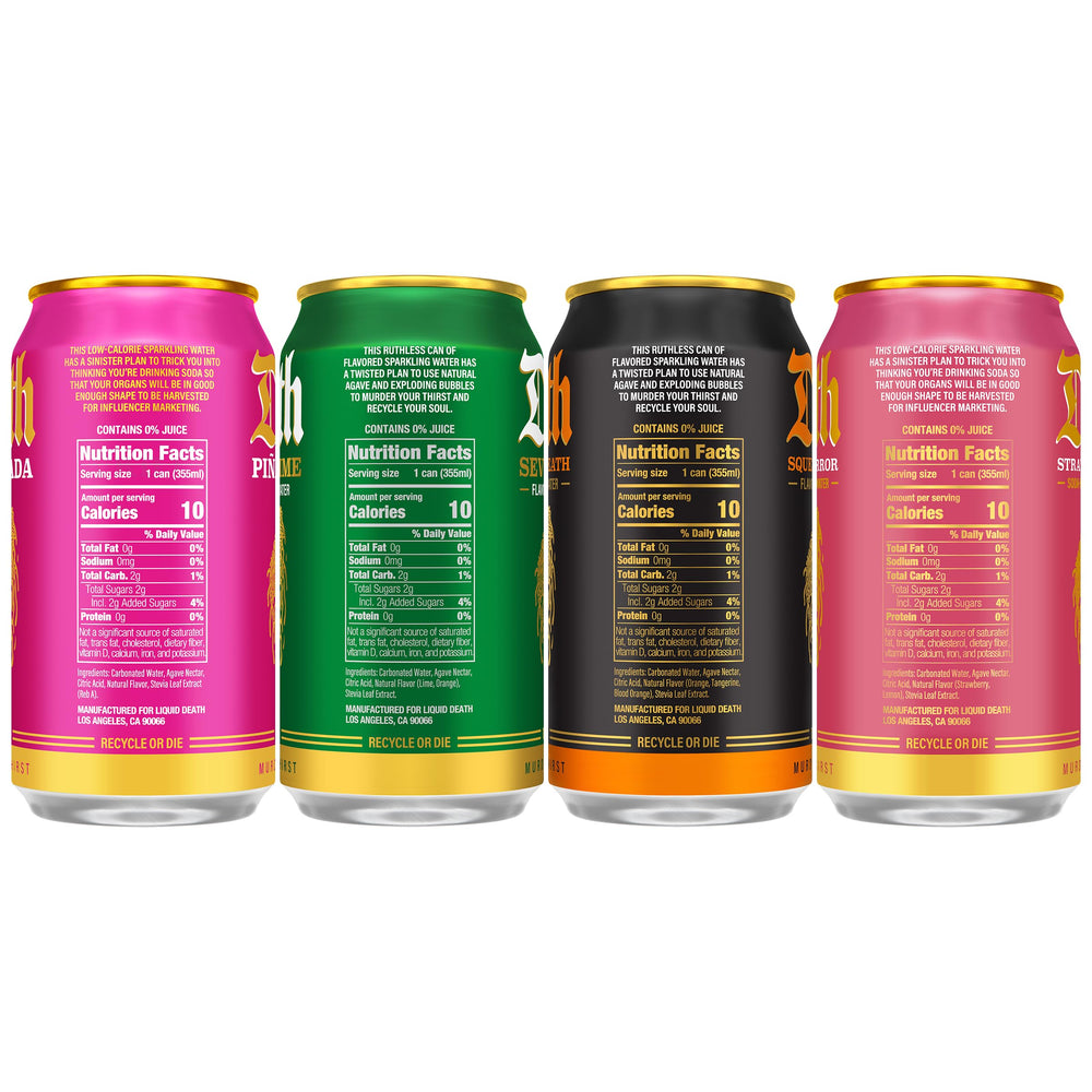 Liquid Death Strawberry can splash, vibrant berry notes with lemon hint.