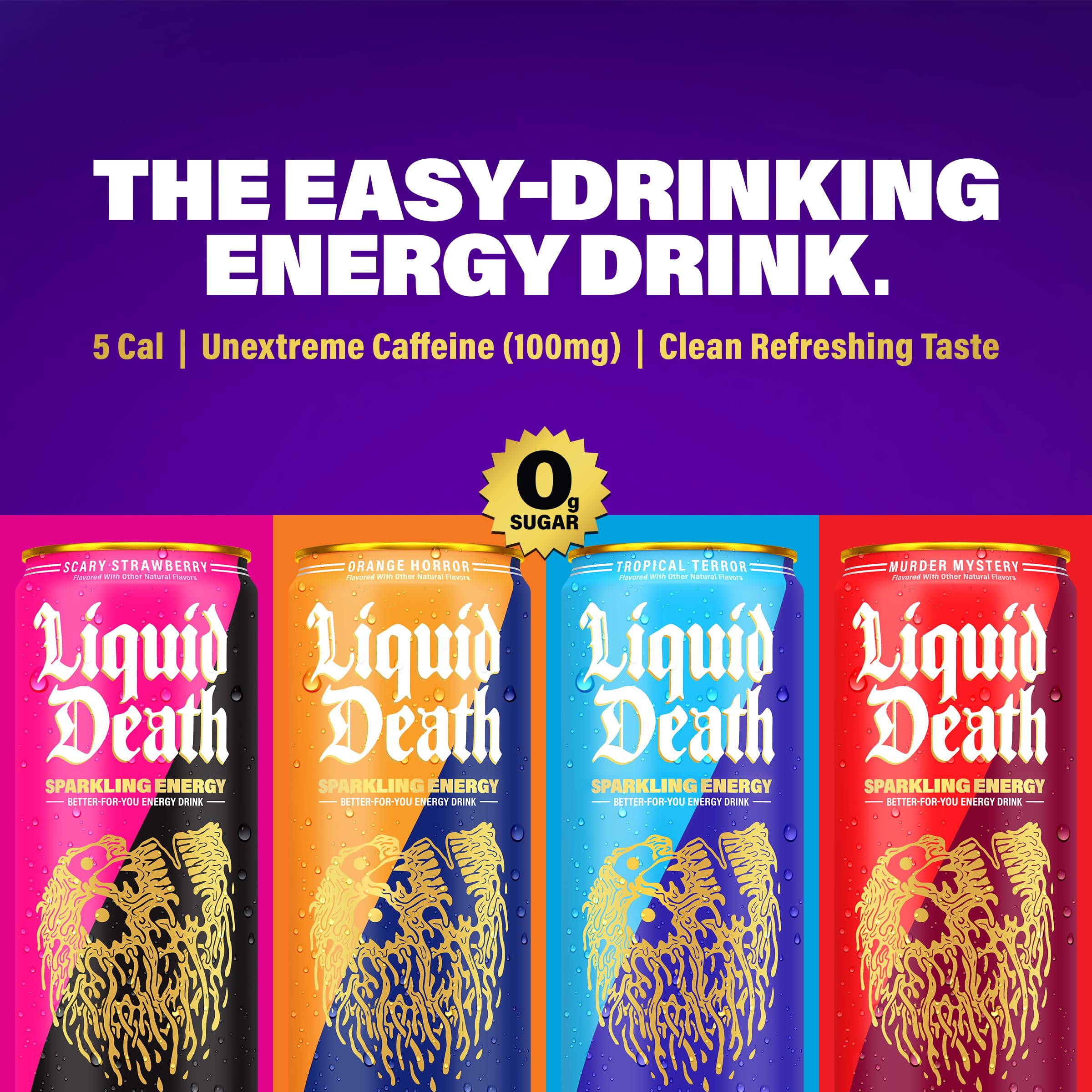Liquid Death Sparkling Energy label close-up emphasizing natural flavors.