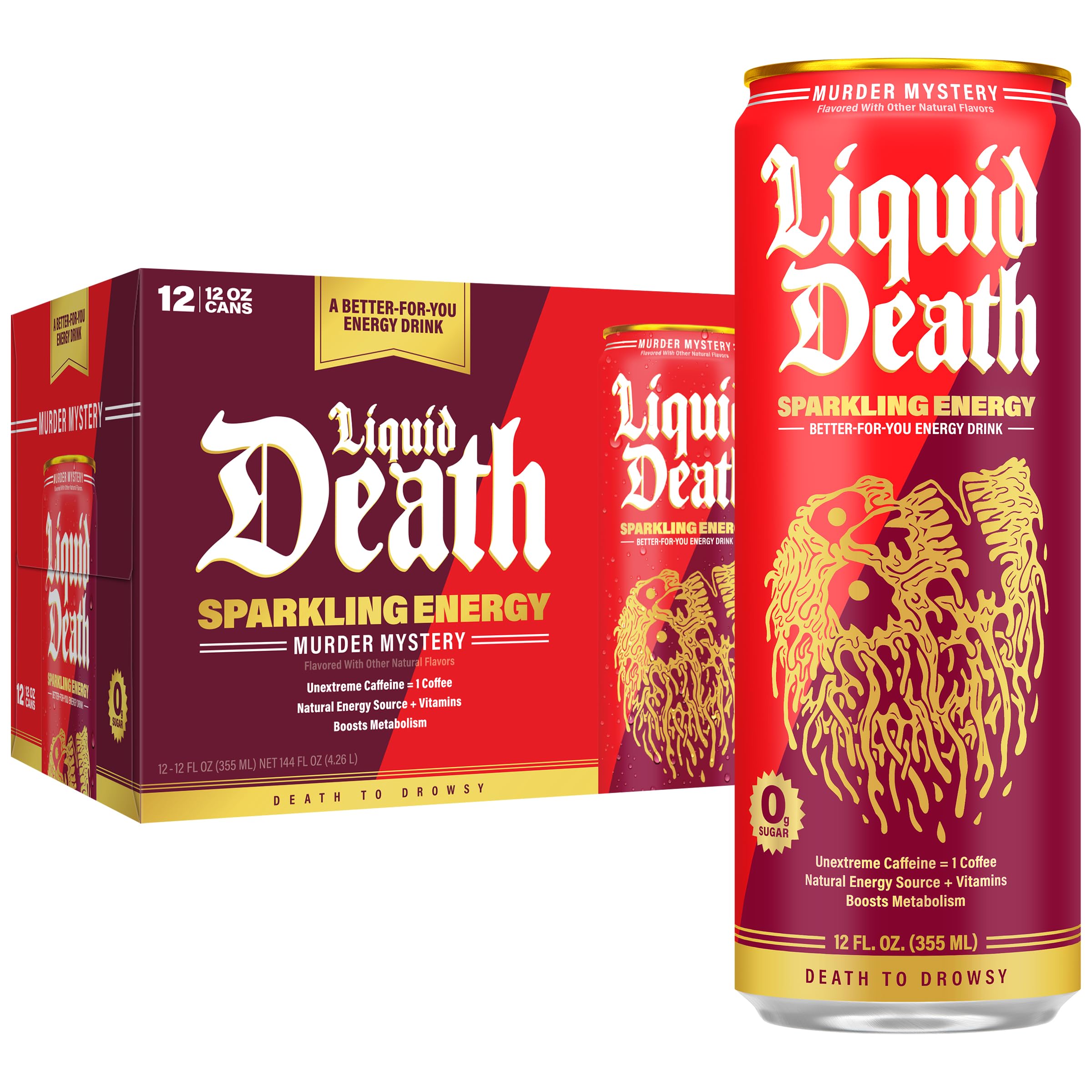 Liquid Death Sparkling Energy Murder Mystery can front view with cherry flavor and zero sugar benefits