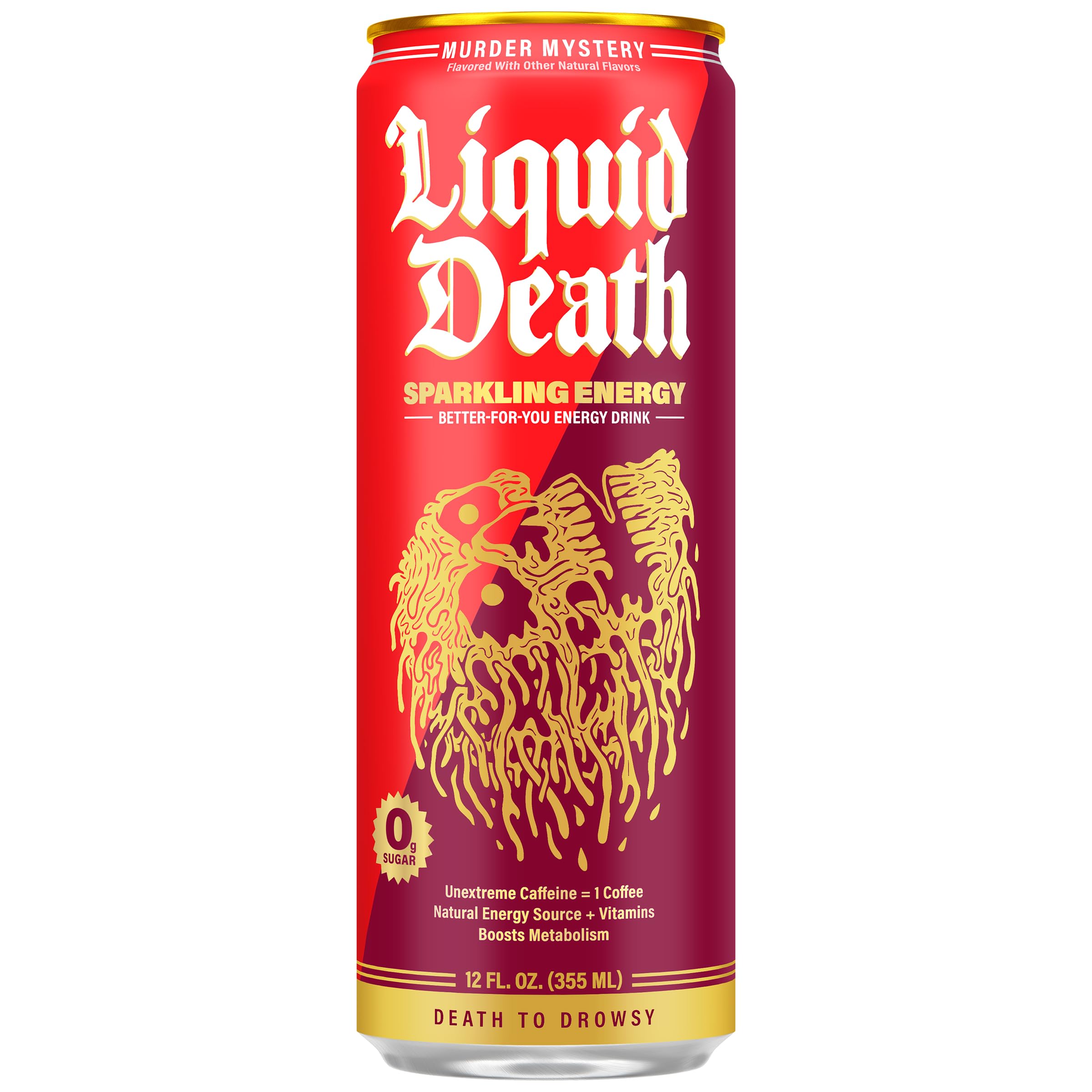Liquid Death Murder Mystery cherry-cream-vanilla label close-up highlighting flavor notes