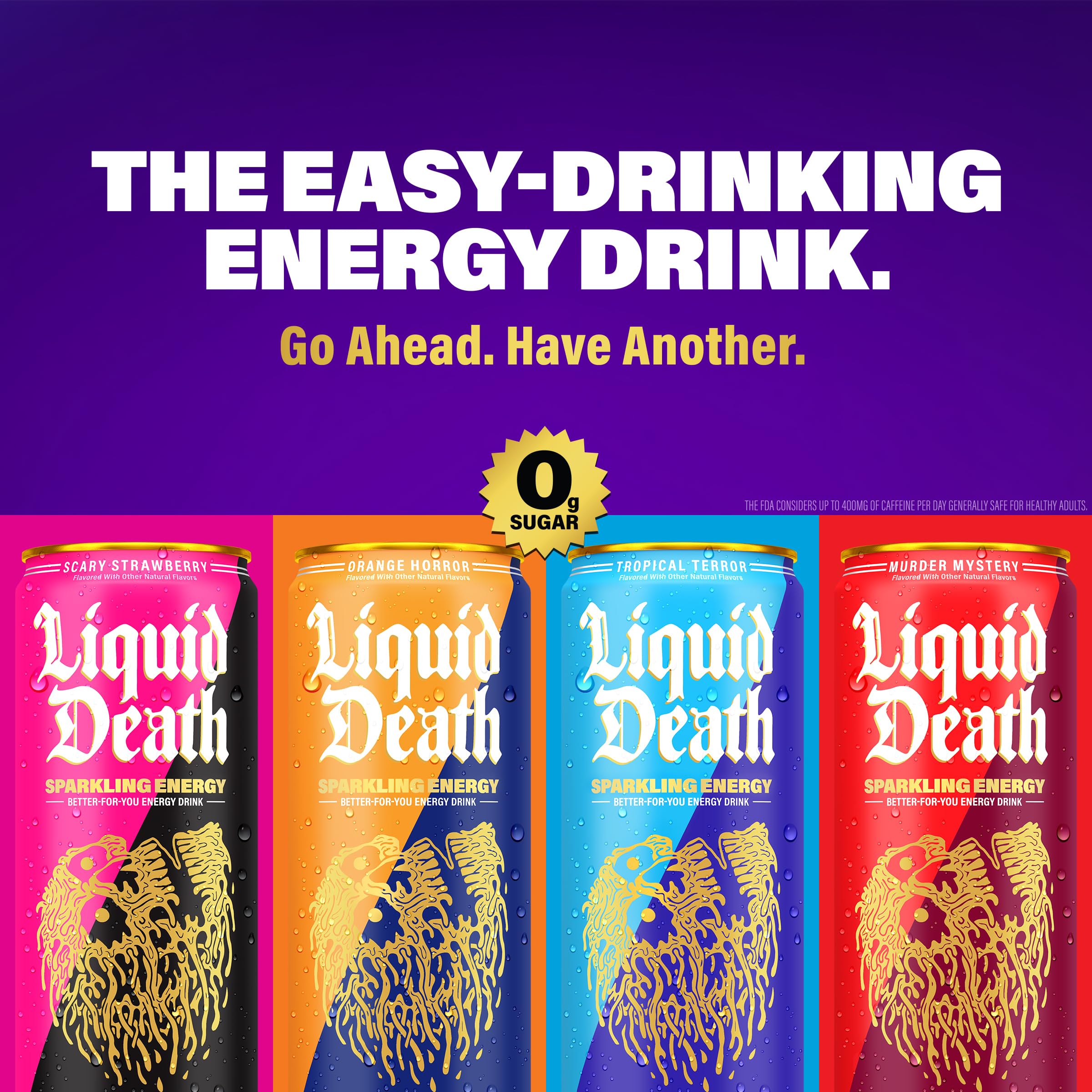Liquid Death Sparkling Energy murder mystery flavor can delivers bold flavor