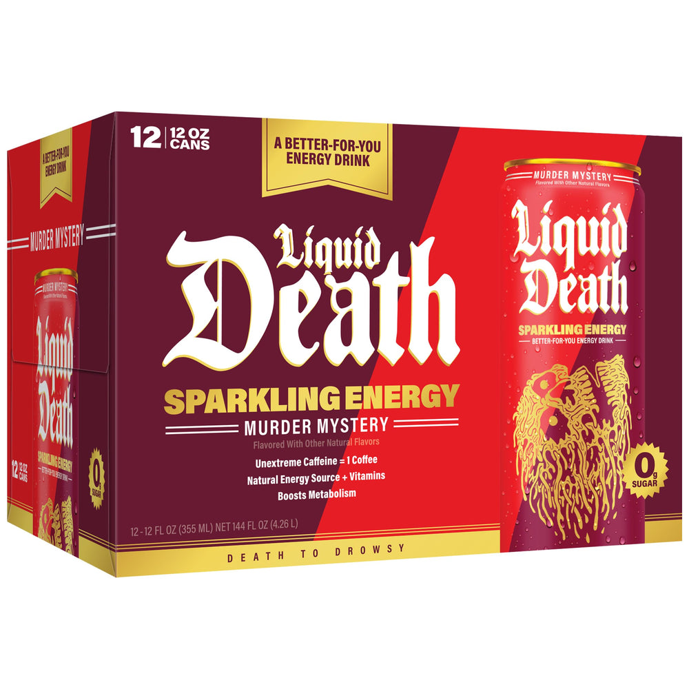 Liquid Death Murder Mystery flavor swirl with cherry, spice, vanilla notes on can