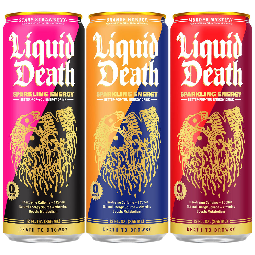 Liquid Death Sparkling Energy orange flavor can for a crisp lift