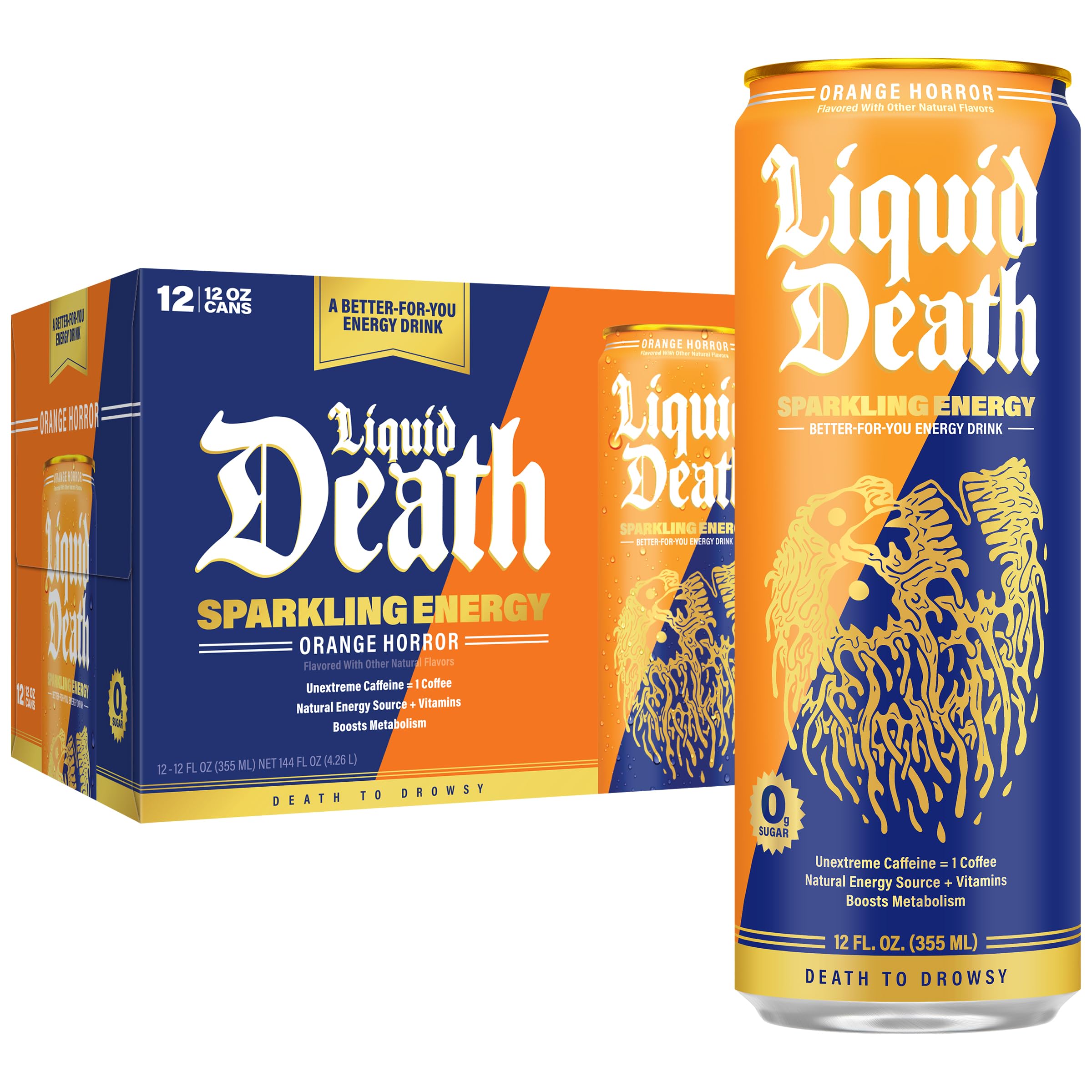 Liquid Death Sparkling Energy Orange Horror can front shows zero sugar and bold flavor