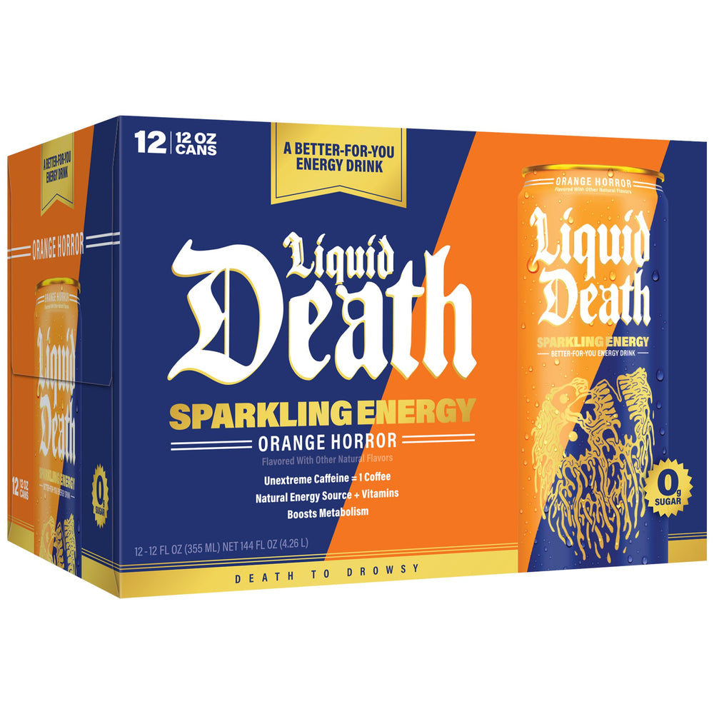 Liquid Death Sparkling Energy Orange Horror ingredients label highlights vitamins