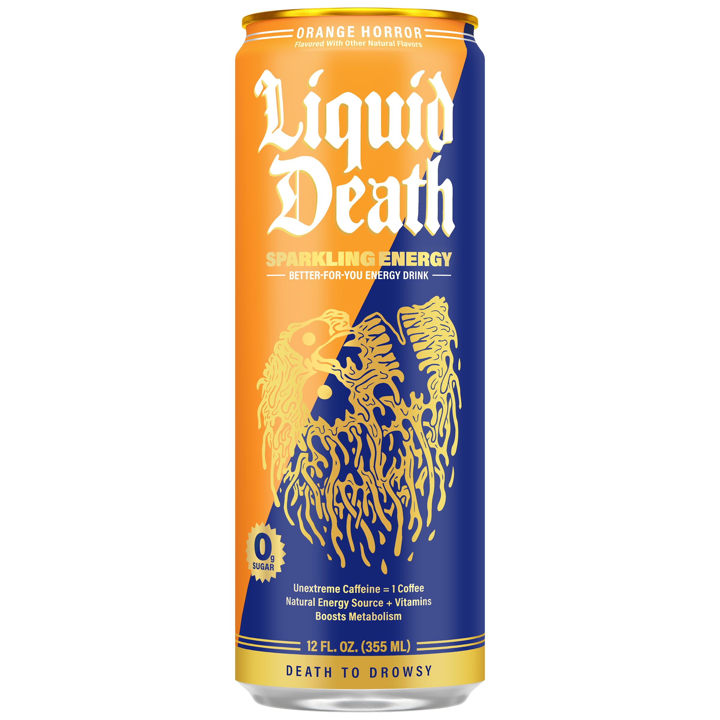 Liquid Death Sparkling Energy Orange Horror packshot emphasizes the 12 pack value