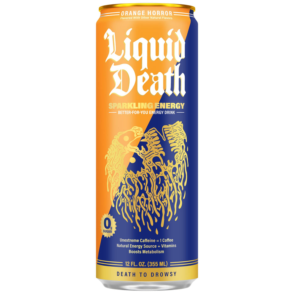 Liquid Death Sparkling Energy Orange Horror packshot emphasizes the 12 pack value