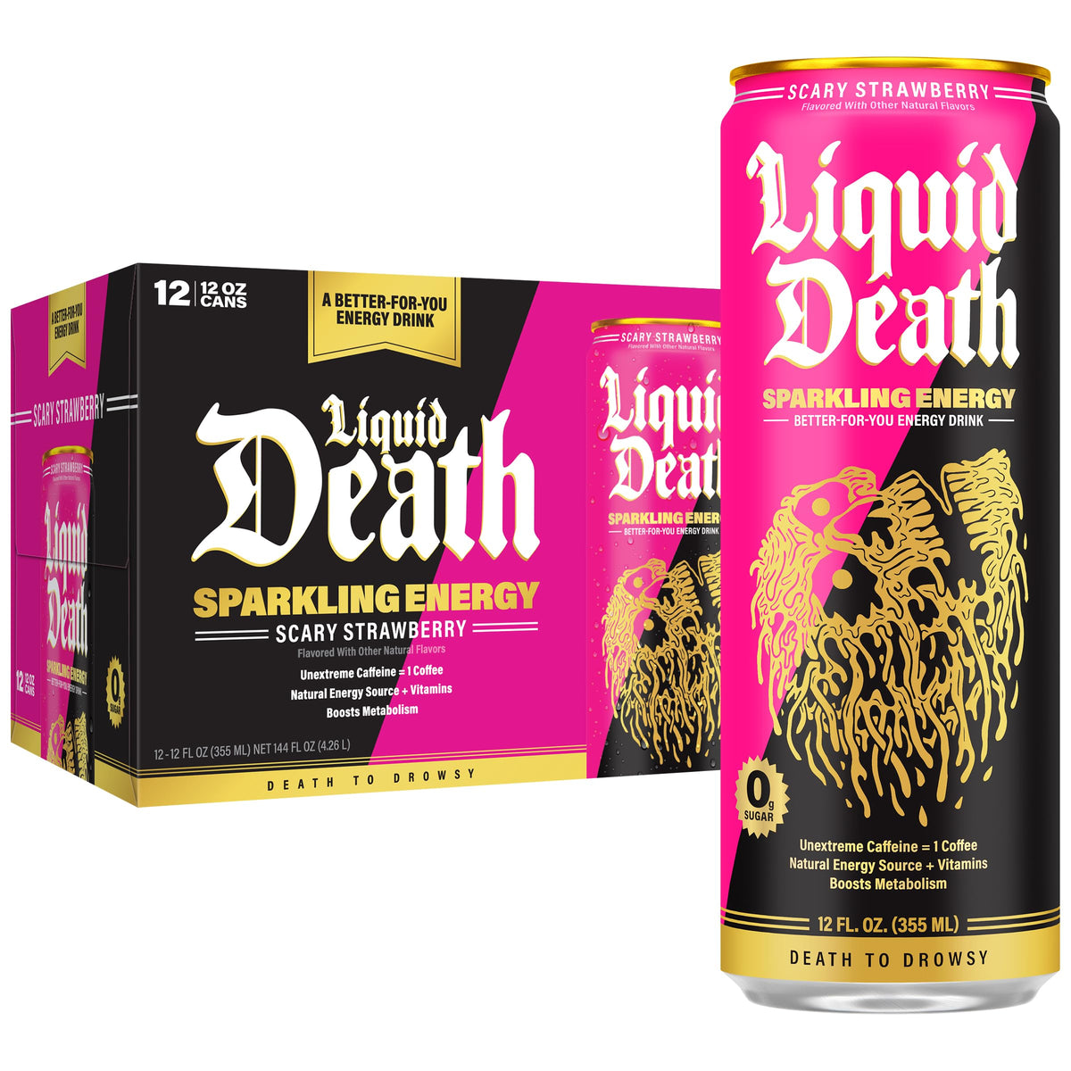 Liquid Death Sparkling Energy bottle with scary strawberry label, low-calorie energy boost.