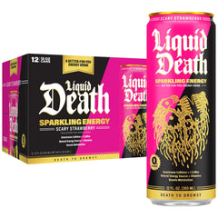 Liquid Death Sparkling Energy bottle with scary strawberry label, low-calorie energy boost.