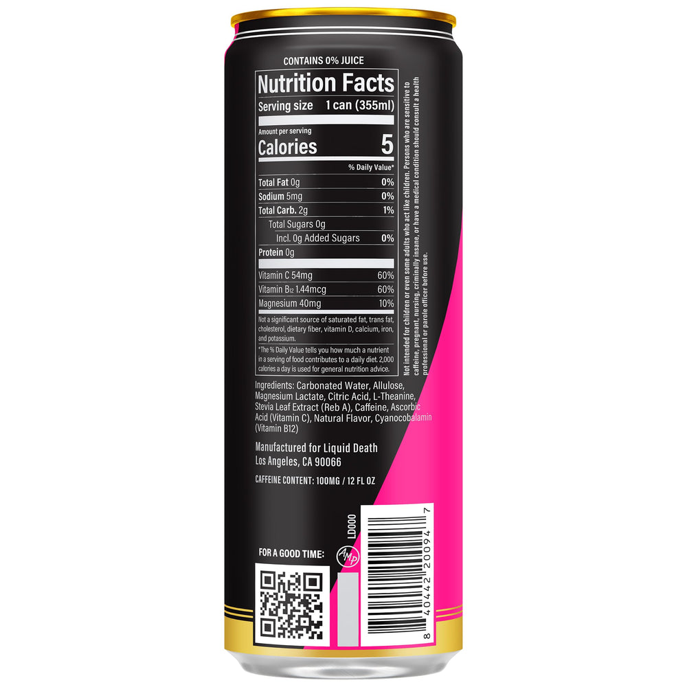 Liquid Death Sparkling Energy can close-up showing 100 mg caffeine, zero sugar.