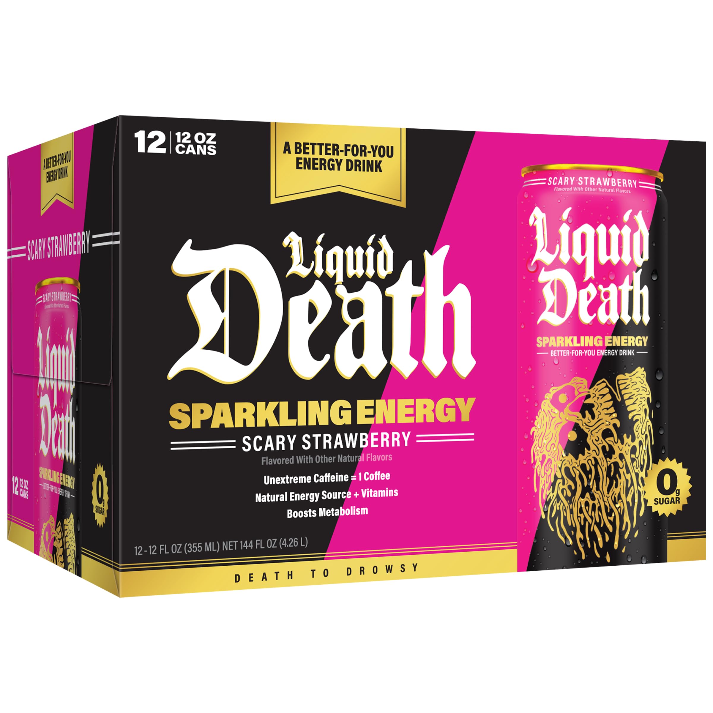 Liquid Death Sparkling Energy strawberry-lemon splash suggests refreshing taste.