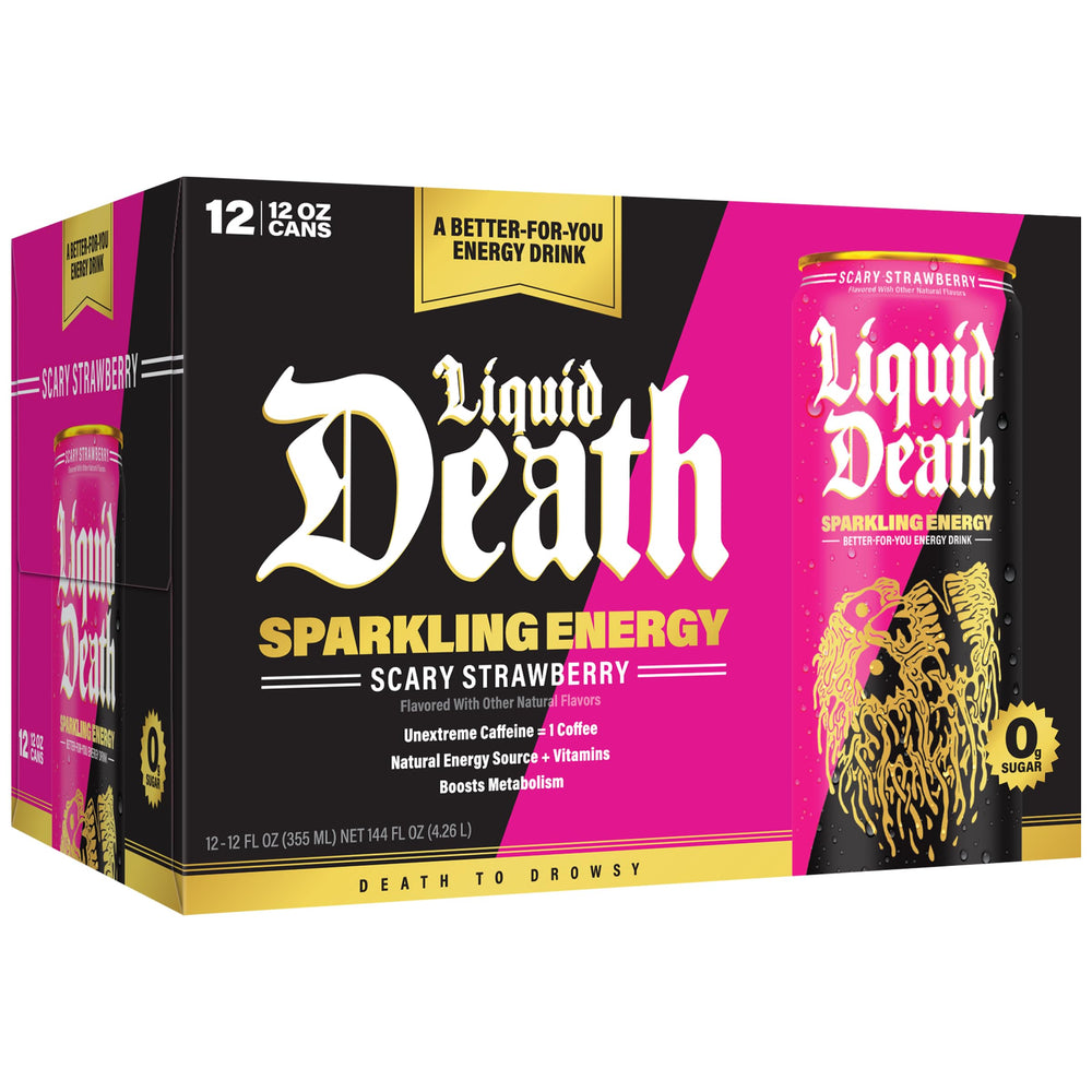Liquid Death Sparkling Energy strawberry-lemon splash suggests refreshing taste.
