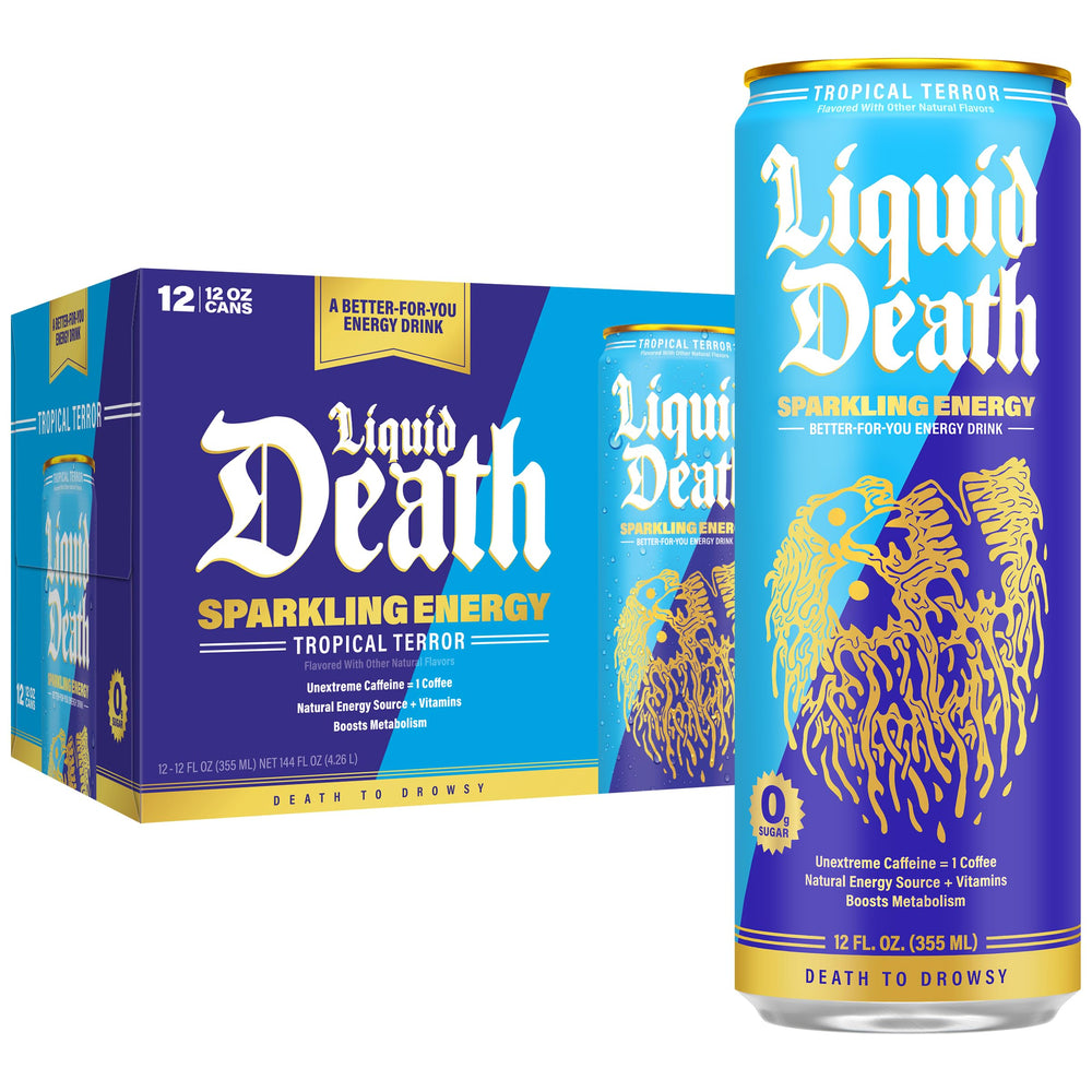 Liquid Death Sparkling Energy Tropical Terror bottle with Piña Colada flavor, refreshing option for a quick boost.