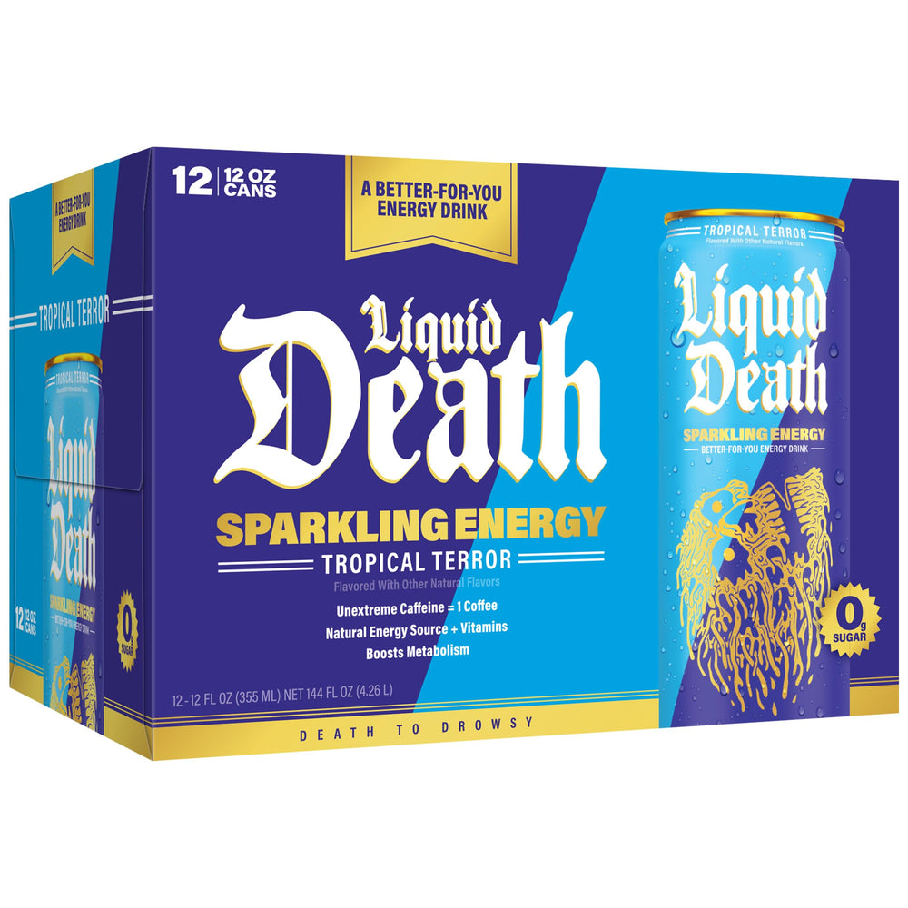Liquid Death Sparkling Energy Tropical Terror ingredients panel lists vitamins and L-Theanine.