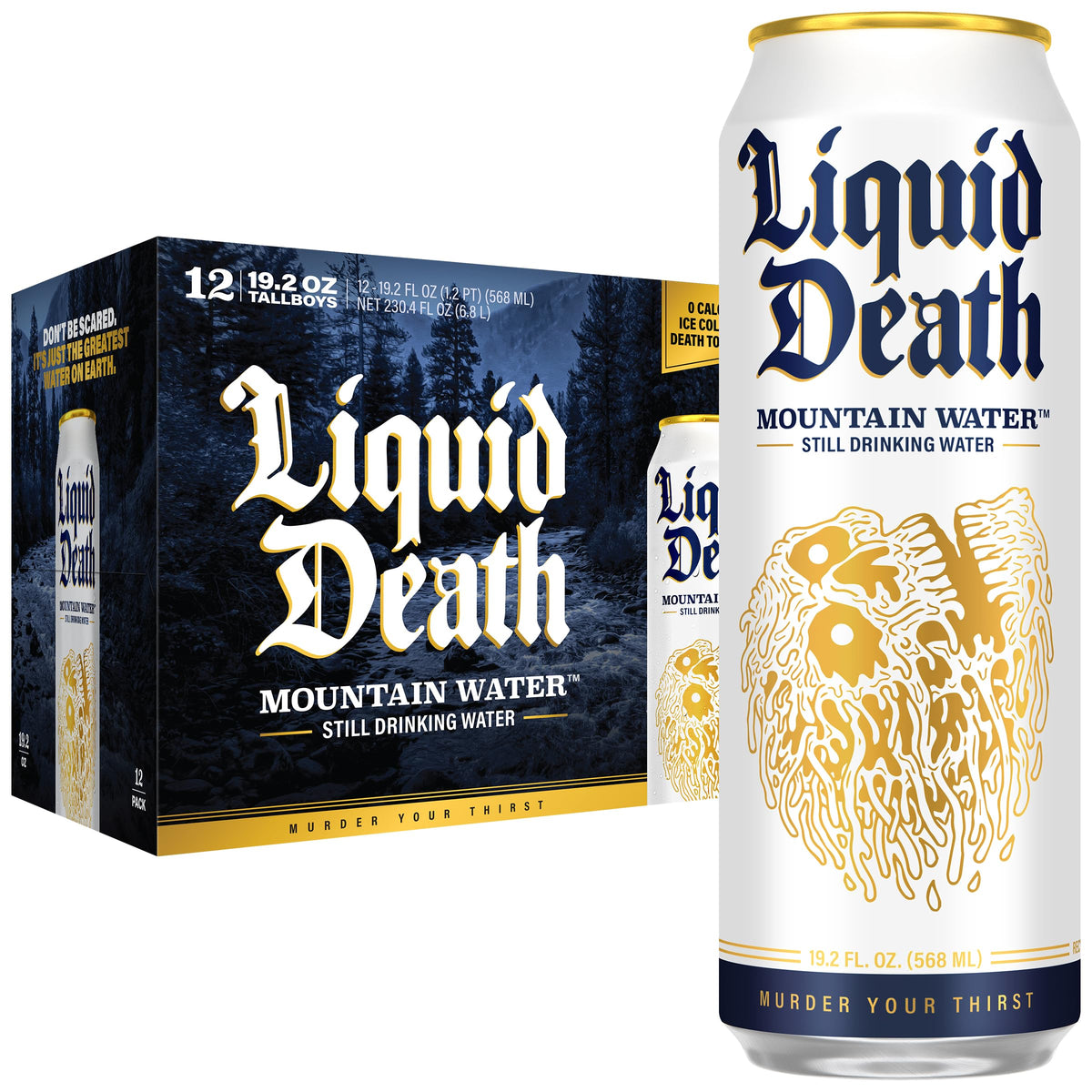 Liquid Death Still Mountain Water ice-cold can delivering crisp hydration on the go.