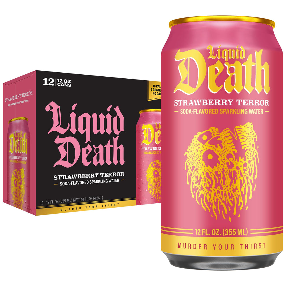Liquid Death Strawberry Terror can front view, bold flavor with low sugar.