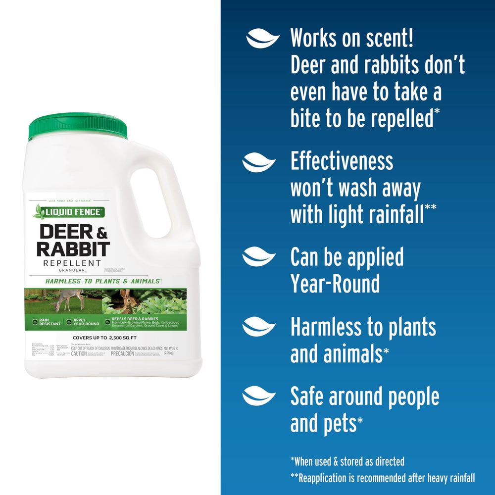 Liquid Fence Deer & Rabbit Repellent Granular being applied around plants to create a scent barrier.