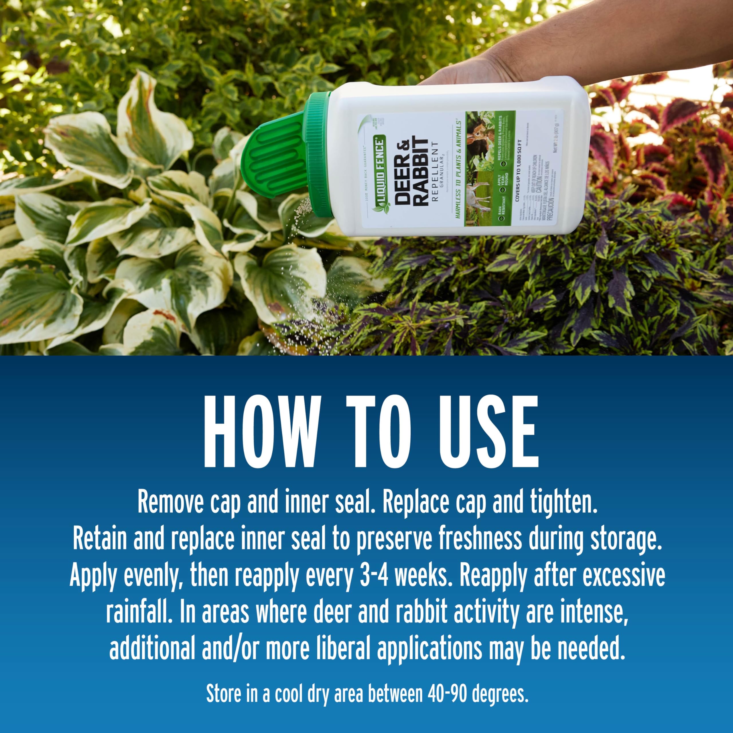 Liquid Fence Deer & Rabbit Repellent Granular used on a lawn area for broad protection.