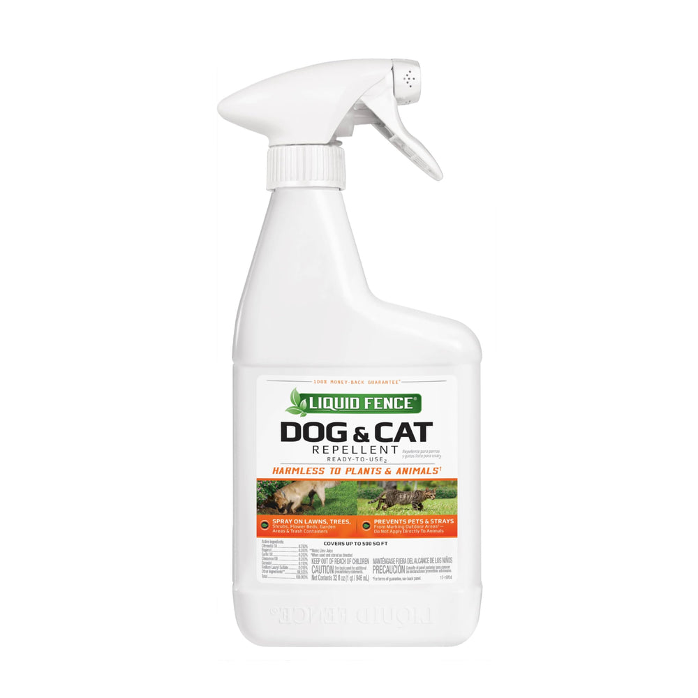 Liquid Fence Dog & Cat Repellent bottle ready for outdoor use to deter pets