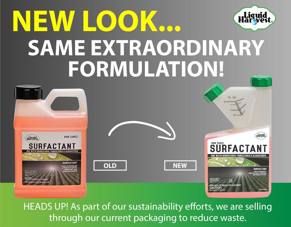Liquid Harvest concentrated surfactant bottle pour highlights smooth application and even distribution