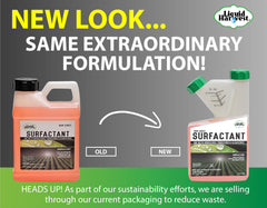 Liquid Harvest concentrated surfactant bottle pour highlights smooth application and even distribution