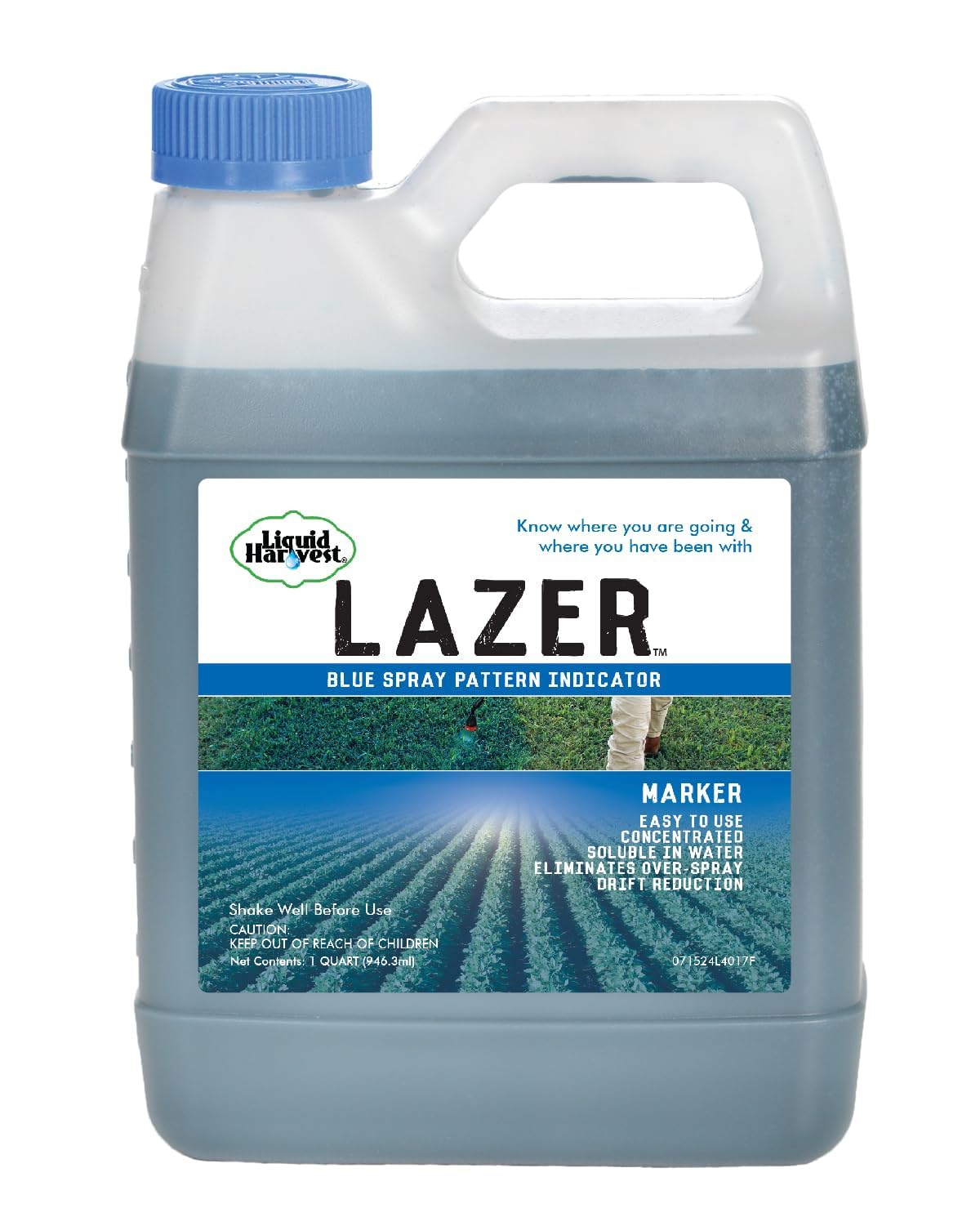 Liquid Harvest Lazer Blue 32oz bottle marks spray zones with a bright, non-permanent dye.