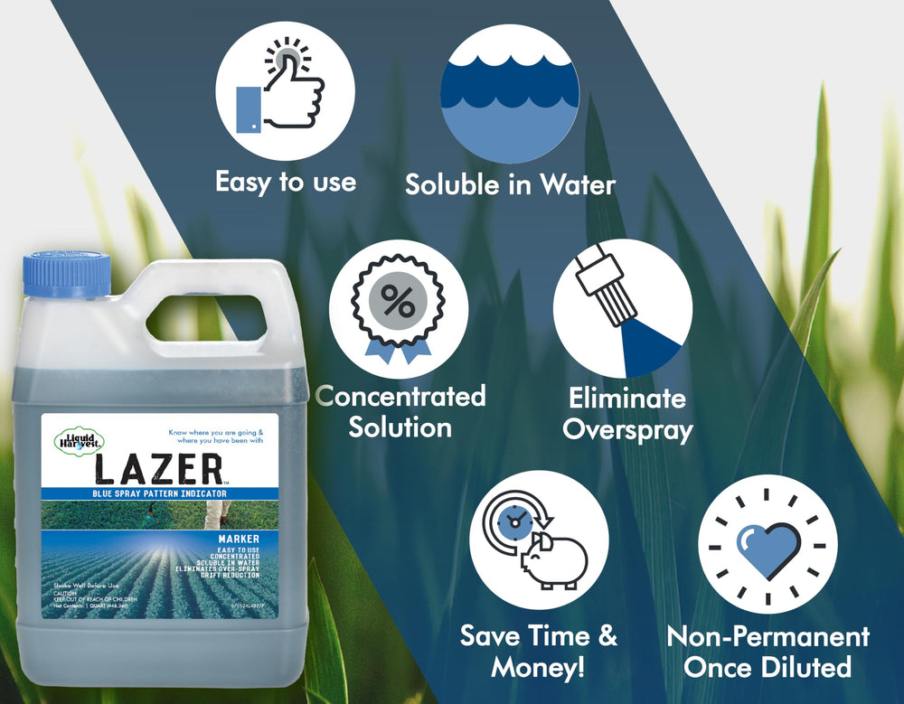 Liquid Harvest Lazer Blue blue-herbicide-marker reveals treated zones during weed control.