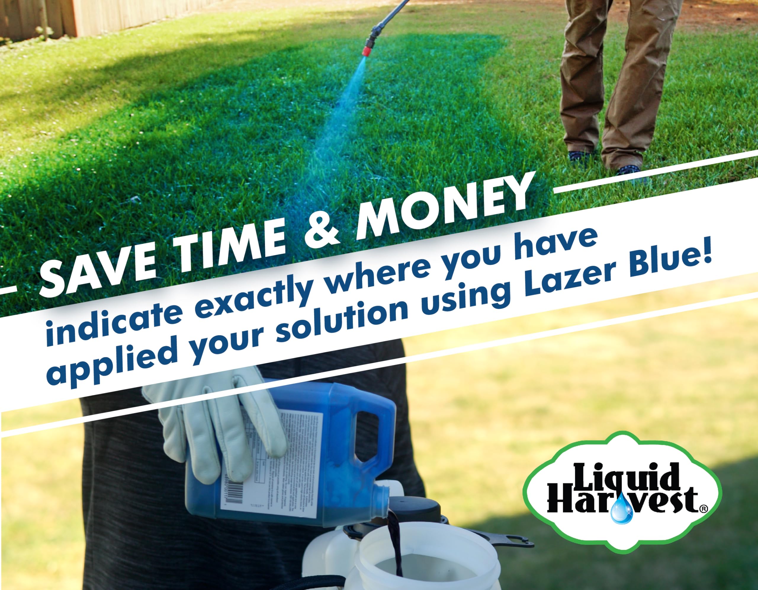 Liquid Harvest Lazer Blue grass-marking-dye clearly highlights treated turf areas.