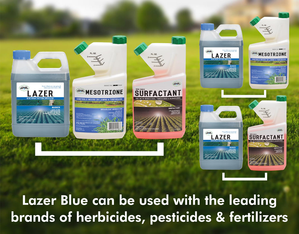 Liquid Harvest Lazer Blue non-permanent-dye washes away after irrigation or mowing.