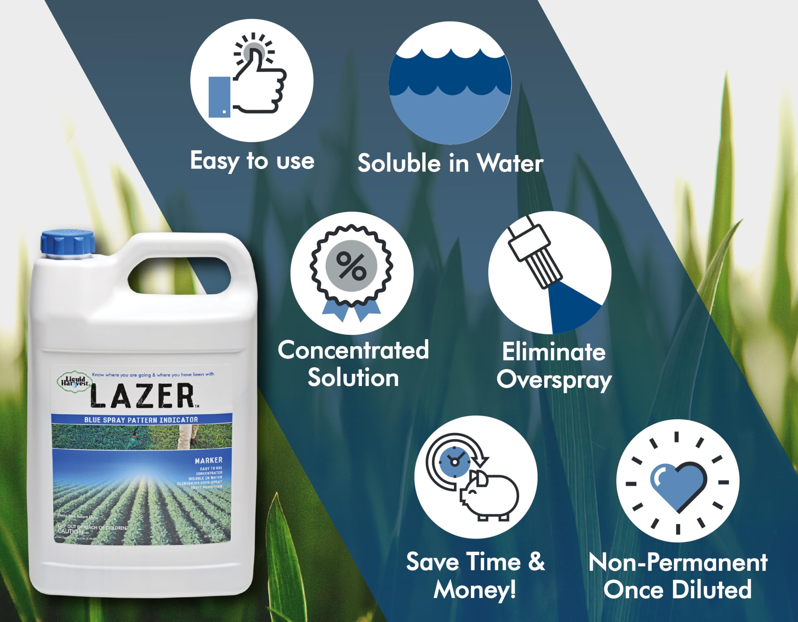 Liquid Harvest Lazer Blue 1 gallon jug demonstrates easy pouring and mixing.