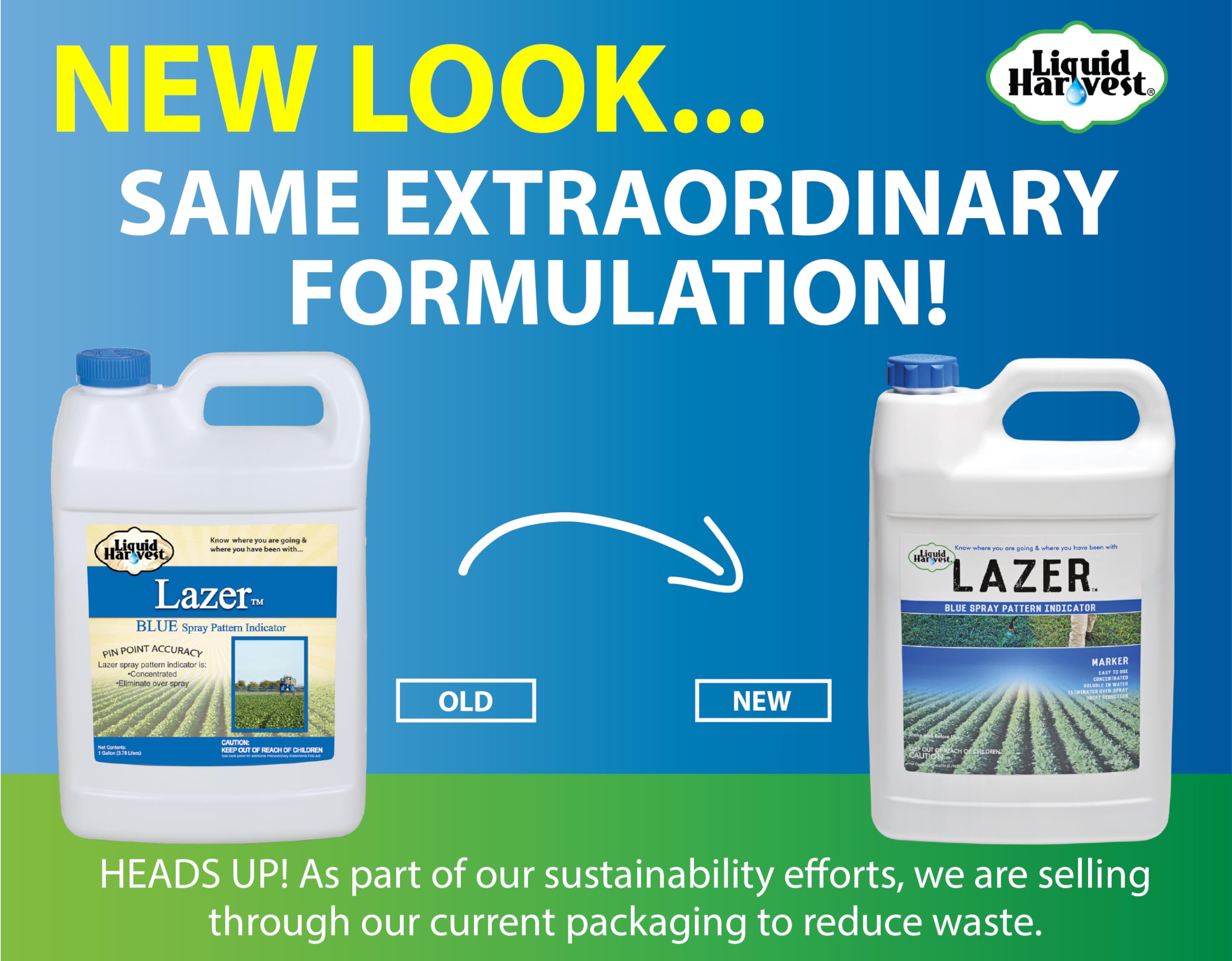 Liquid Harvest Lazer Blue spray pattern on turf highlights treated areas clearly.