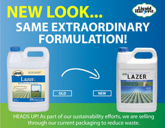 Liquid Harvest Lazer Blue spray pattern on turf highlights treated areas clearly.