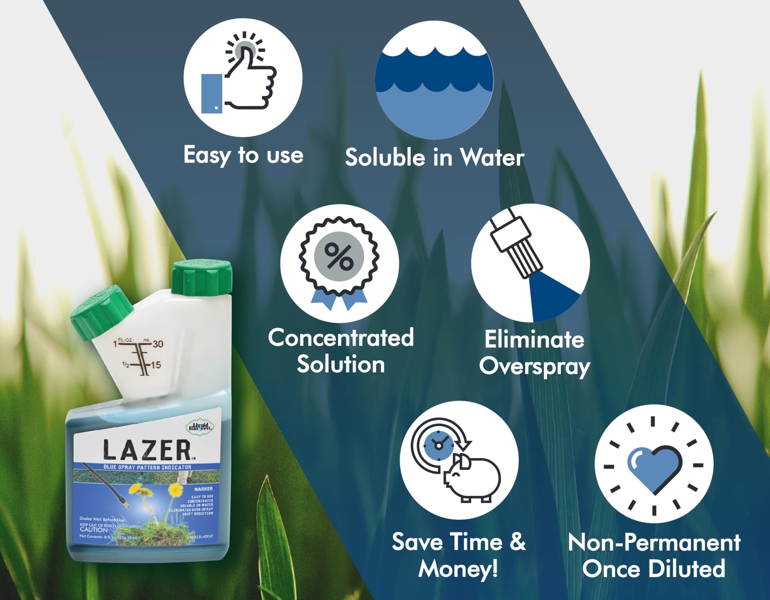 Liquid Harvest Lazer Blue reduces waste by signaling exact coverage on turf jobs.