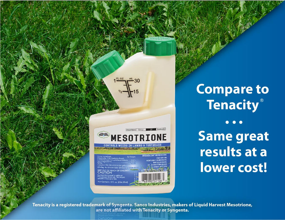 Liquid Harvest Mesotrione targets broadleaf and grassy weeds in healthy lawns.